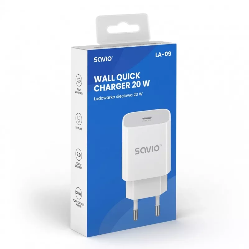 Cargador de pared 20W LA-09 USB-C QC, PD 3.0 Savio SAVLA-09