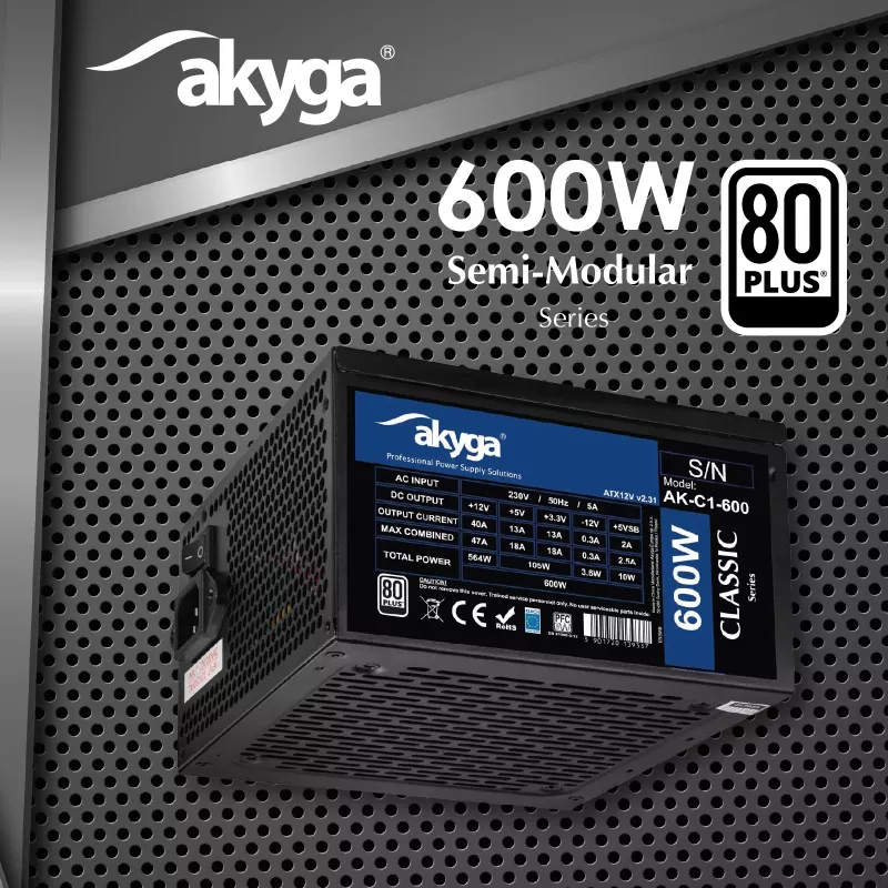 Fuente de alimentación ATX Akyga Classic AK-C1-600 600 W, 80 PLUS, PFC activa, ventilador de 120 mm