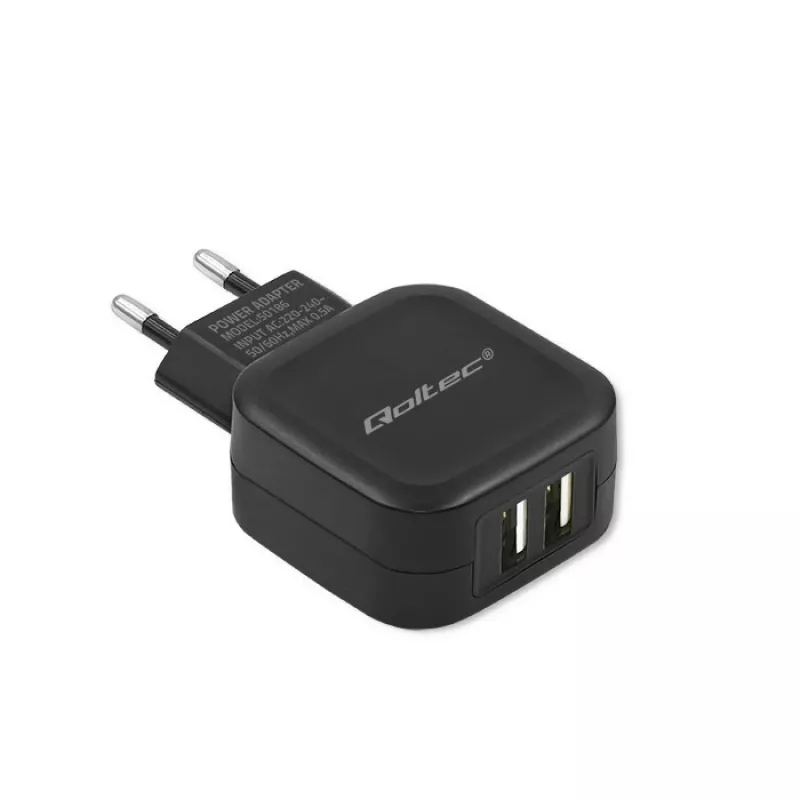 Cargador de interior AC QOLTEC 50186 para smartphone y tablet, 5 V 3.4 A, 17 W, 2× USB, negro