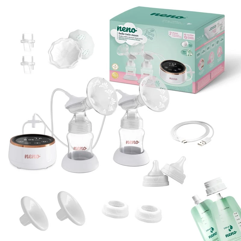 Sacaleches eléctrico doble neno Bella Twin Moon – inalámbrico, bifásico, LCD, biberones de 150 ml, nácar