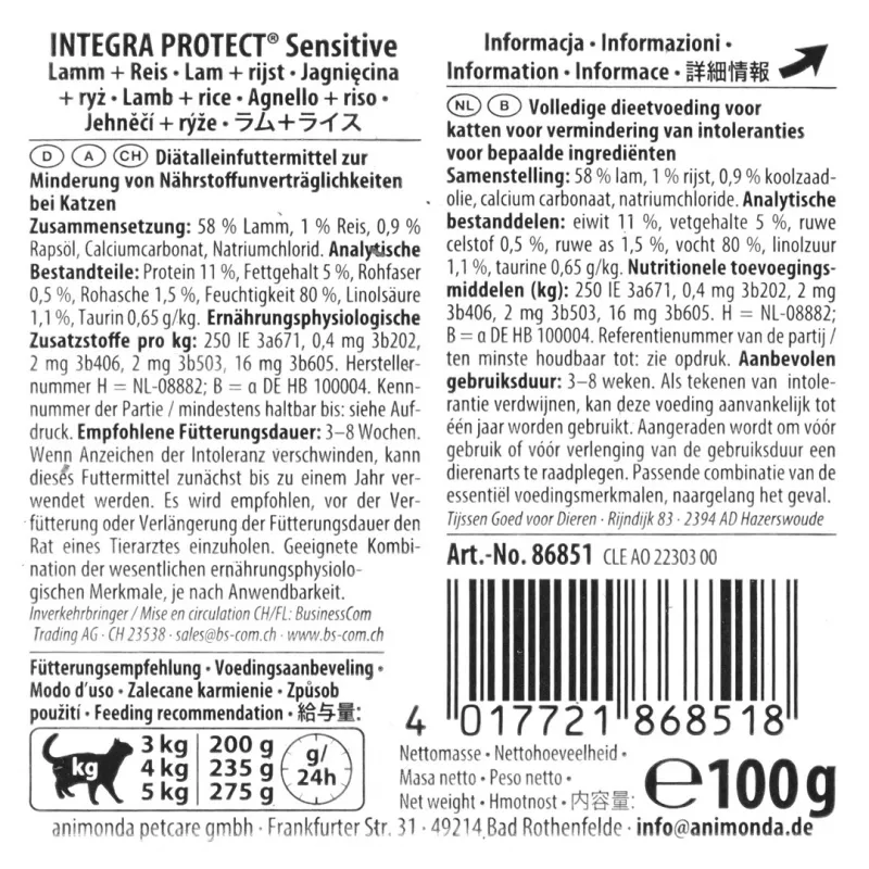 Animonda Integra Protect Sensitive comida húmeda para gatos con cordero y arroz 100 g