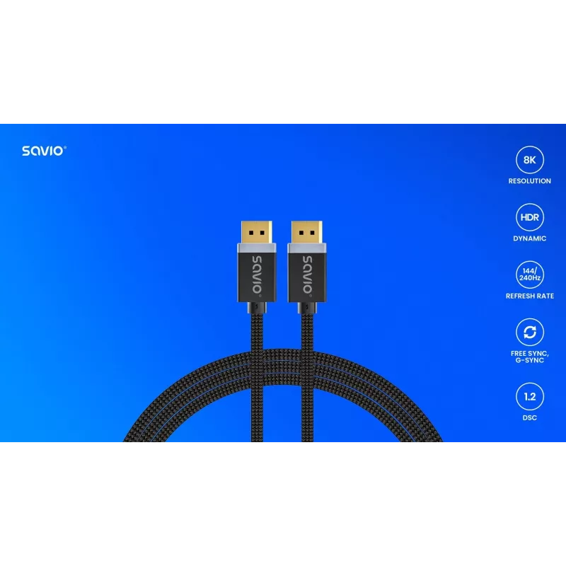 Cable DisplayPort SAVIO CL-166 2 m negro – DisplayPort 1.4, conector macho-conector macho, contactos dorados