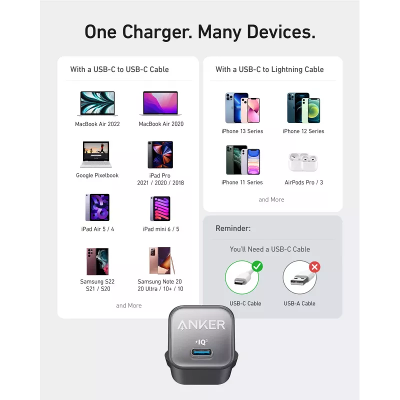 Cargador de CA para interiores Anker 511 Nano 3 — 30W, 1× USB-C, 100–240V, negro