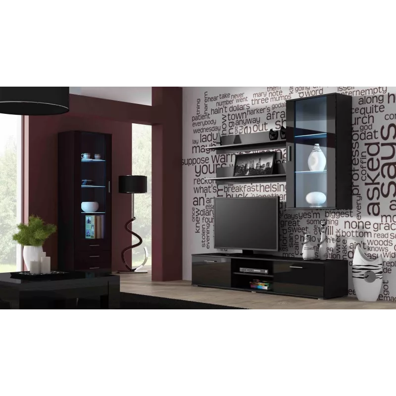 Armario vitrina Cama Meble SOHO de pared 1 puerta marco negro mate / puerta negro brillante con 2 estantes de vidrio templado