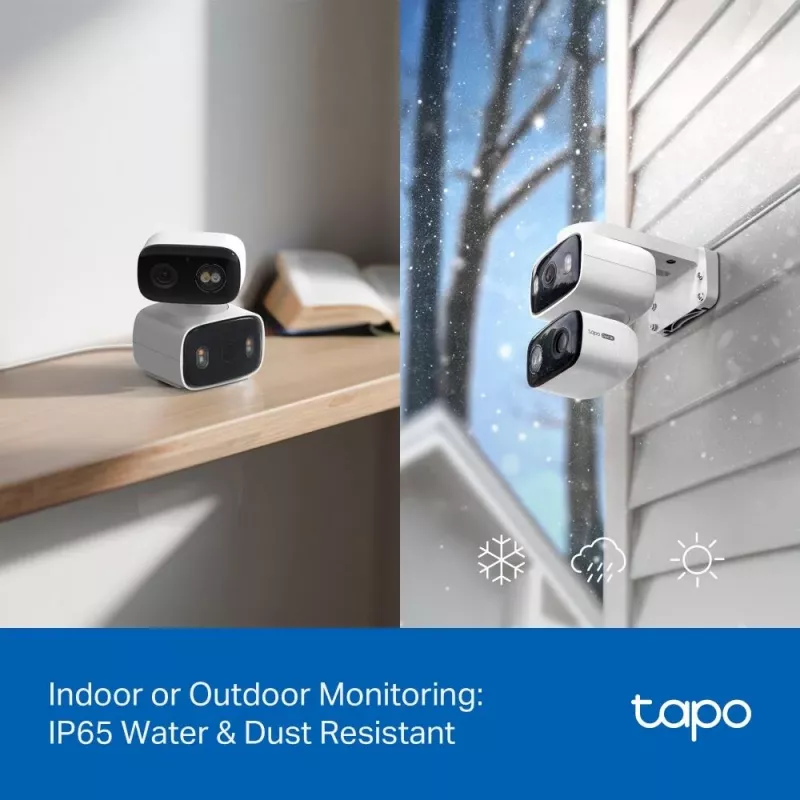 TP-Link Tapo C246D cámara de seguridad de interior / exterior con doble objetivo y movimiento horizontal/vertical, 2K 3MP (2304×1296), gran angular de 125° + teleobjetivo de 6 mm, IP65, Wi-Fi, microSD de hasta 512 GB