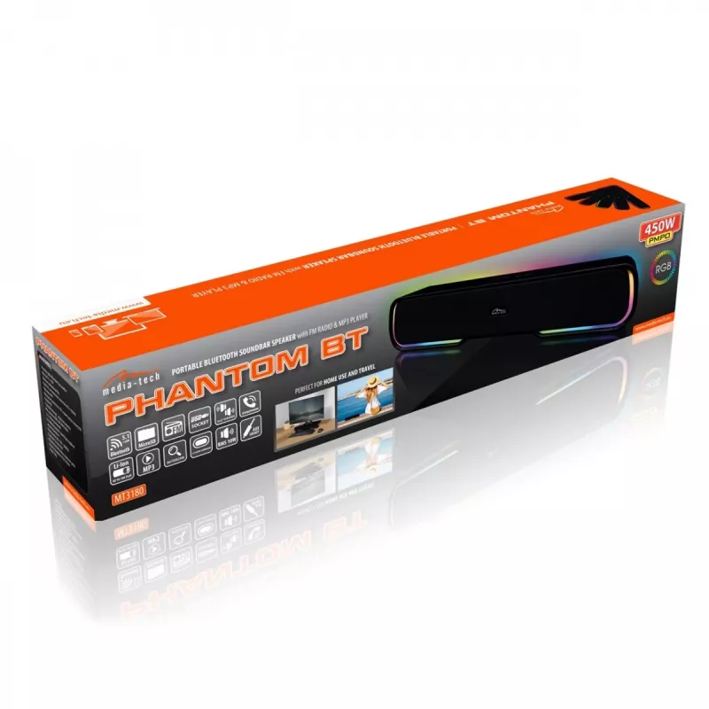 Altavoz MEDIA‑TECH Phantom MT3180 barra de sonido 450W RMS, 80W con batería, Bluetooth, con cable e inalámbrico, negro