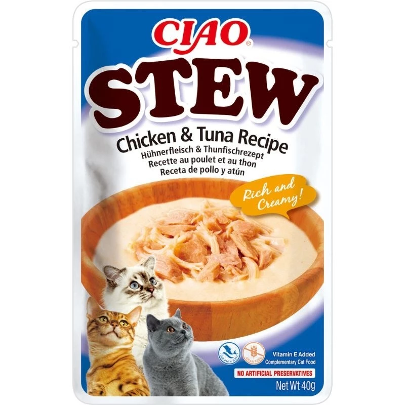 Snack húmedo para gatos INABA Ciao Stew pollo y atún sobre de 40 g, sobre cárnico, 86,5 % de humedad