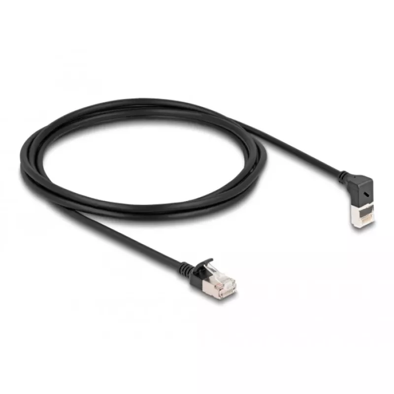 Delock - Cable de red - RJ-45 (M) en ángulo hacia arriba a RJ-45 (M) recto - 2,0 m - 4,5 mm - S/FTP - CAT 6a - apantallado, libre de halógenos - negro (80288)