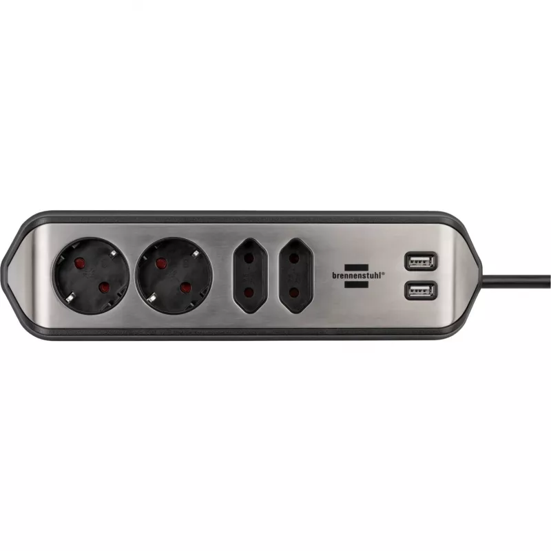 Regleta de enchufes en esquina Brennenstuhl estilo 4 tomas, negra, 2x enchufes Schutzkontakt, 2x enchufes Euro, incluye función de carga USB