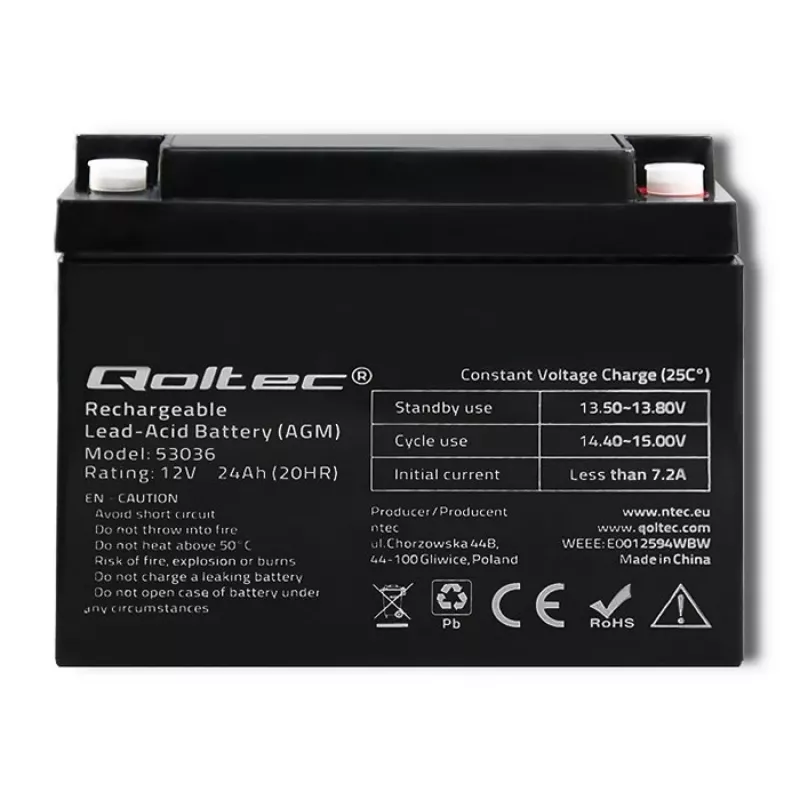 Batería AGM Qoltec 53036 | 12V | 24Ah | máx 360A