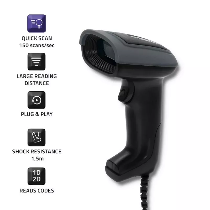 Lector de códigos de barras de mano QOLTEC 50863 — escáner 1D/2D, USB con cable, sensor LED, negro, 5V, cable de 1,8 m