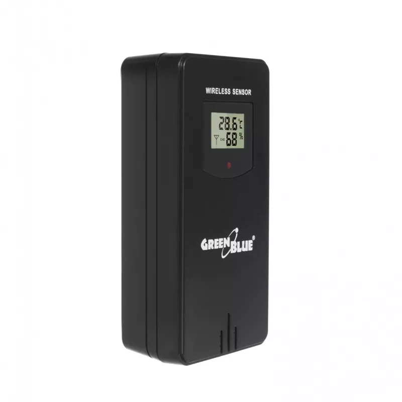 Higrómetro termómetro GreenBlue GB540 — interior 0–50°C / exterior -20–65°C, reloj DCF, sensor exterior 60 m, negro