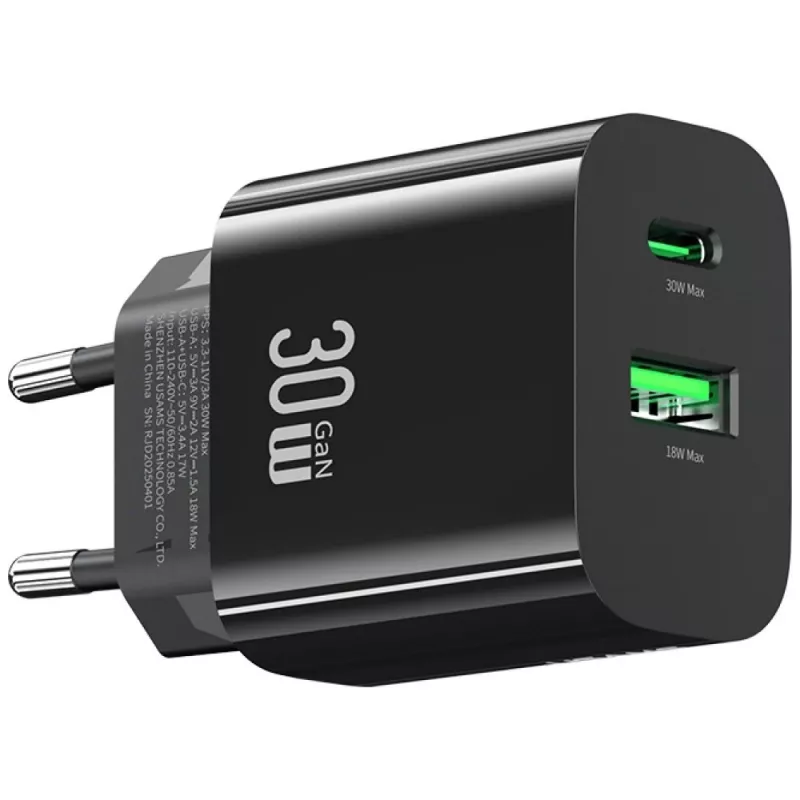 Cargador USAMS USA001631 30W con 1x USB-C y 1x USB-A carga rápida