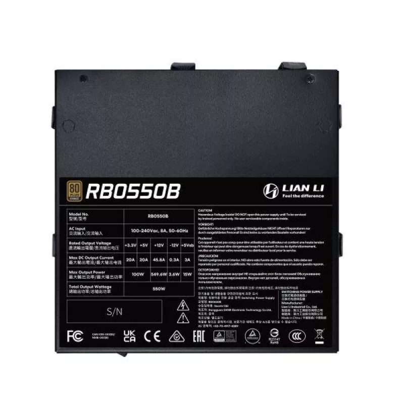 Fuente de alimentación Lian Li RB0550B.B 550 W, ATX 24 pines, 80 PLUS Bronze, ventilador de 135 mm, negro