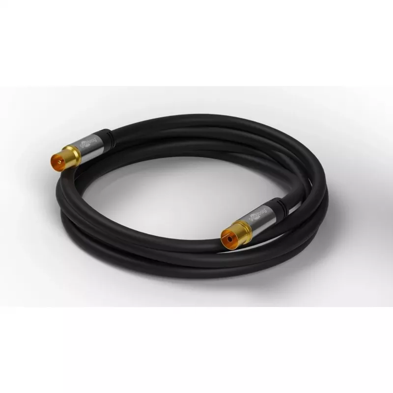 Cable de antena de TV Goobay (tipo 135 dB), 4 apantallamientos, 2 m, negro – dorado, conector hembra coaxial > conector macho coaxial (70367)