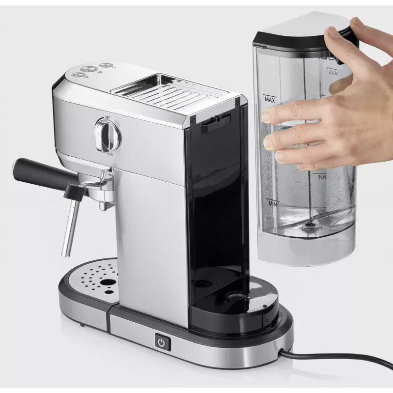 Cafetera expreso SEVERIN Newspresa KA 5997 — semiautomática, depósito de agua de 1 l, 1350 W, café molido, negra/acero inoxidable cepillado/cromo