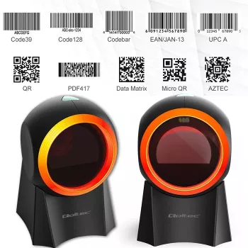 Lector de códigos de barras de sobremesa con cable QOLTEC 50857 – 1D/2D, USB, carcasa de ABS, negro, cable de 1,75 m