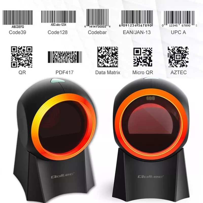 Qoltec 50857 lector de códigos de barras de sobremesa con cable, 1D/2D, QR, USB, cable de 1,75 m