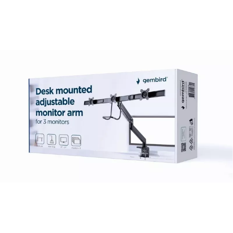 Soporte de escritorio para monitor GEMBIRD MA-DA3-03, 3 brazos, resorte de gas, VESA 75–100x100, soporta 3 pantallas de hasta 27 inch , máx. 18 kg, negro