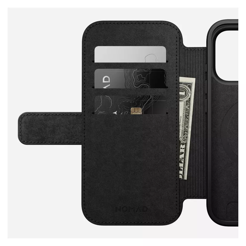 Funda de cuero para móvil Nomad Modern Leather Folio para iPhone 17 Pro, 16 cm (6,3 inch), negra, 4 compartimentos para tarjetas