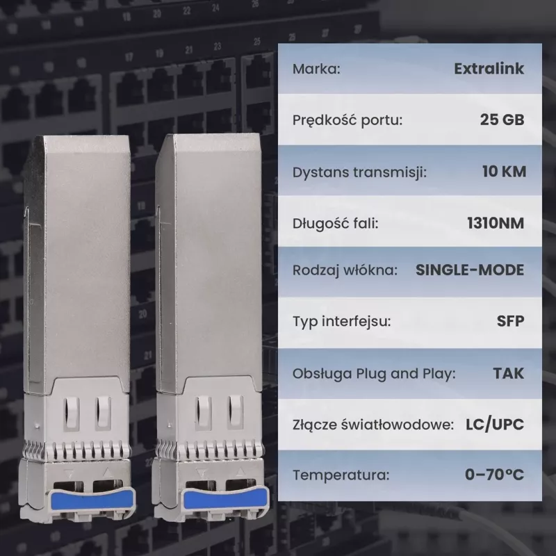 Extralink SFP28 25G pack de 2 | Módulo SFP28 | 25Gbit/s, LC/UPC dúplex, 1310nm, 10km, monomodo, DOM módulo transceptor de red