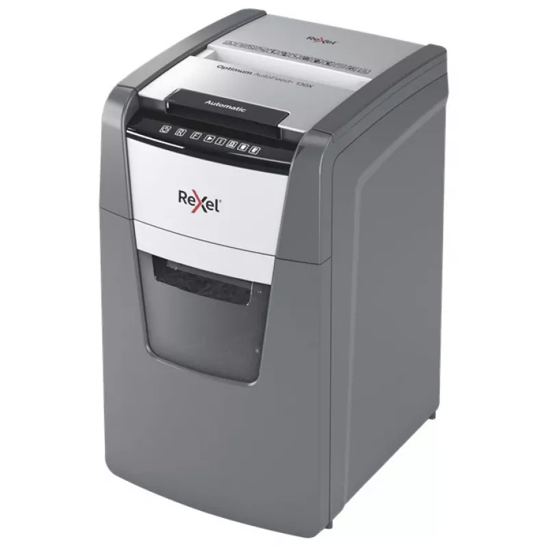Destructora de papel Rexel Optimum AutoFeed+ 130X corte cruzado 55 dB 22 cm negra, plateada