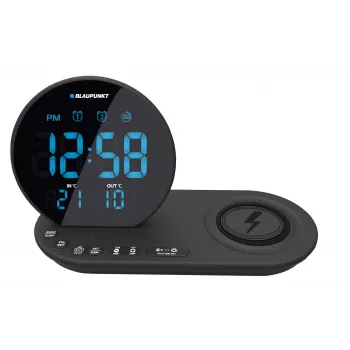 Radio reloj FM PLL/ALARMA/USB/CR85BK CARGA/Carga inalámbrica/temperatura interior/exterior/negro
