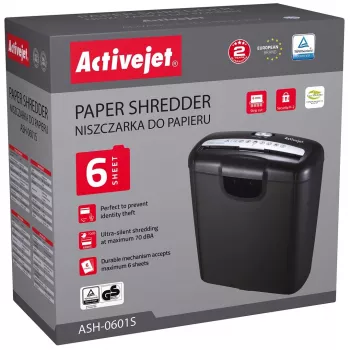 Destructora de papel Activejet ASH-0601S, P-2, 10 l, corte en tiras de 6 mm, 6 hojas, negro.
