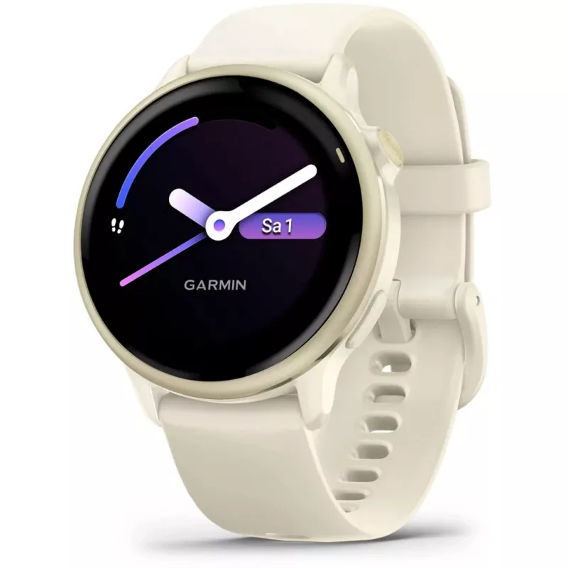Garmin vívoactive 6 reloj inteligente 42 mm, 1,2" AMOLED 390 x 390, pantalla táctil, GPS, Wi-Fi, 8 GB, caja de aluminio Lunar Gold, correa de silicona Bone