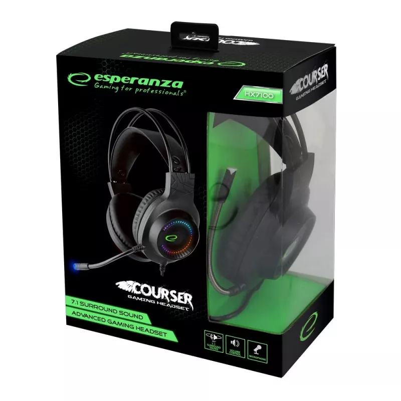 Esperanza EGH7100 Courser auriculares gaming con micrófono, sonido envolvente virtual 7.1, USB 2.0, control de volumen, negros