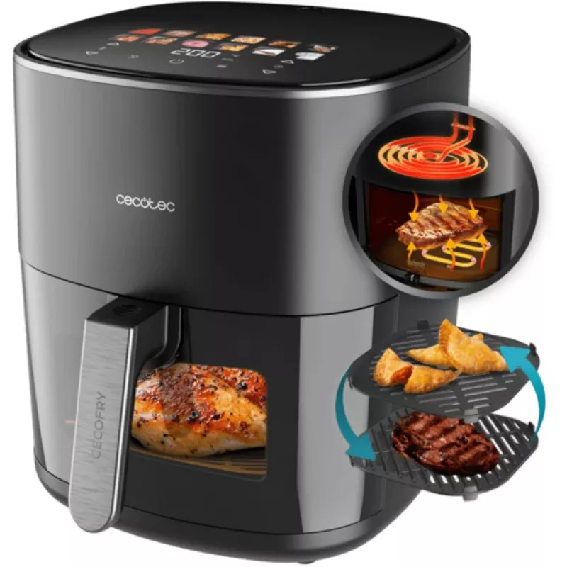 Freidora de aire Cecotec Cecofry&Grill Duoheat 6500, 6,5 L, 2200 W, LCD táctil, negra