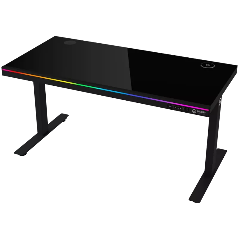Escritorio gaming de altura ajustable con dos motores, función sentado/de pie, cargador inalámbrico, iluminación RGB, panel de control y puertos USB, tablero de vidrio templado, negro