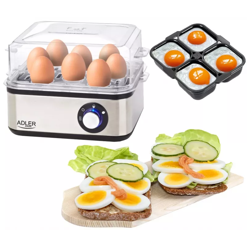 Huevera Adler AD 4486 — capacidad para 8 huevos, 800 W, acero satinado negro con tapa transparente