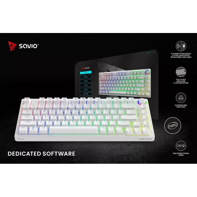 SAVIO PHENIX WHITE teclado mecánico inalámbrico, Gateron Red Pro, ABS