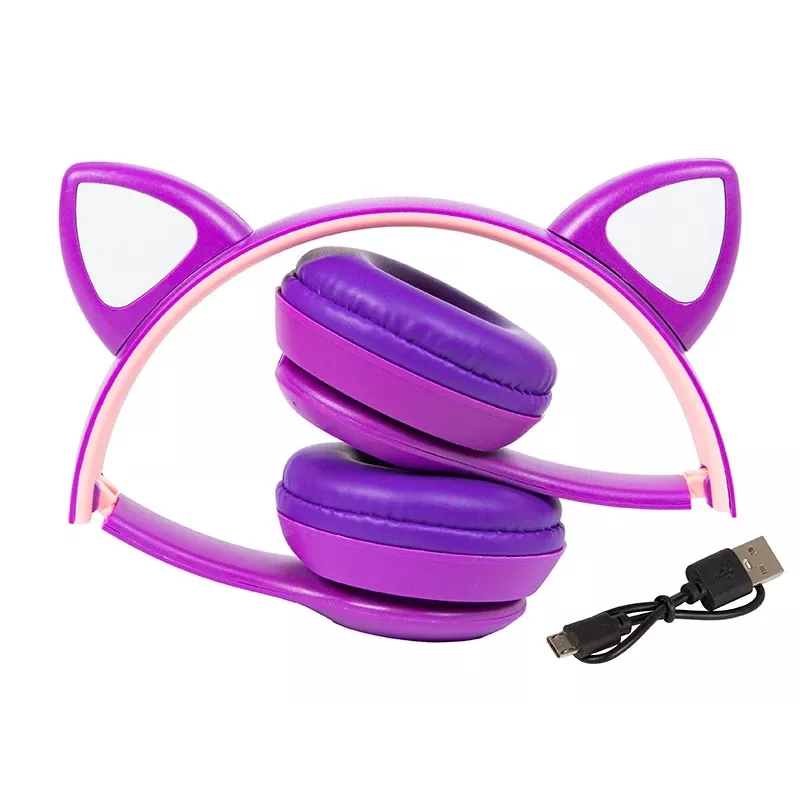 Auriculares inalámbricos Bluetooth 5.0 LED para niños orejas moradas