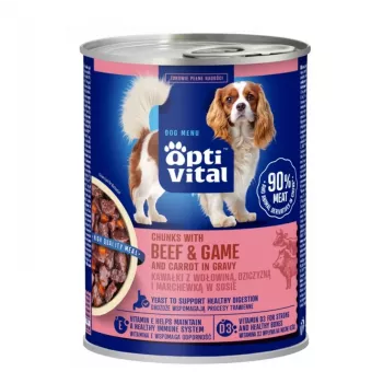 OPTIVITAL Trozos con ternera, caza y zanahorias en salsa - Alimento húmedo para perros - 415g