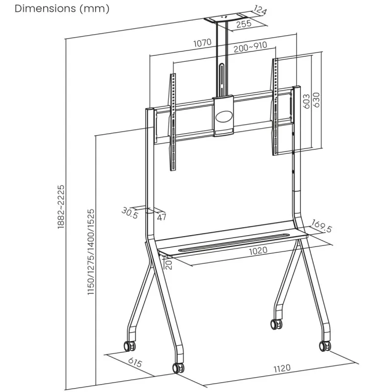 Soporte de TV MACLEAN MC-114 B soporte de suelo portátil para pantallas de 55–100 inch, carga máx. 120 kg, VESA 200x200–900x600, altura 115–152 cm, negro, estante