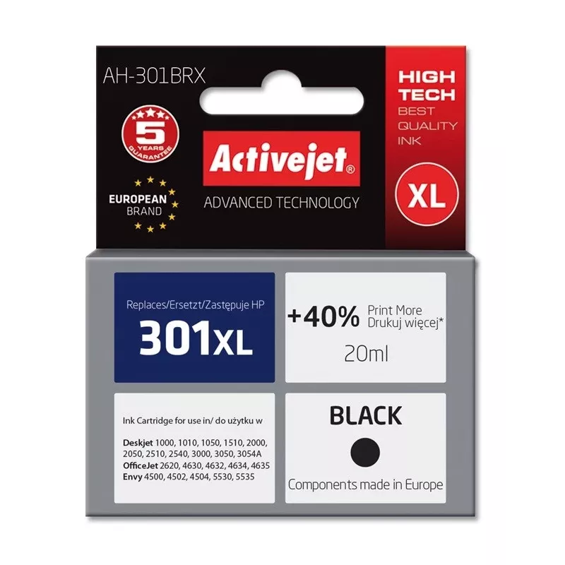 Activejet AH-301BRX Tinta (compatible con HP 301XL CH563EE; Premium; 20 ml; negro)