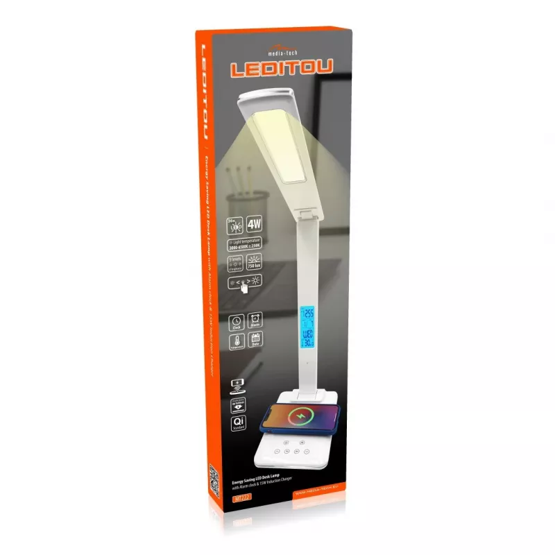 Media-Tech MT222 Leditou lámpara de escritorio LED con cargador inalámbrico Qi de 15 W, reloj, alarma, termómetro, blanca