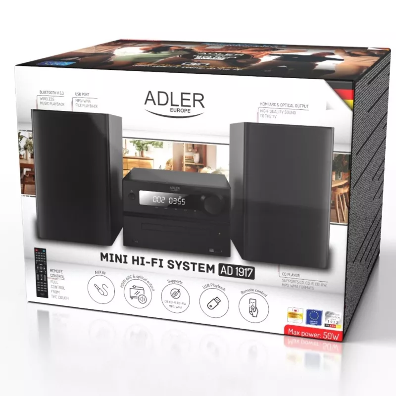Minicadena estéreo Hi‑Fi Adler AD 1917 — Bluetooth V5.3, CD/USB/MP3, 2×25 W RMS, sintonizador FM, ecualizador de 4 bandas, AUX, negro