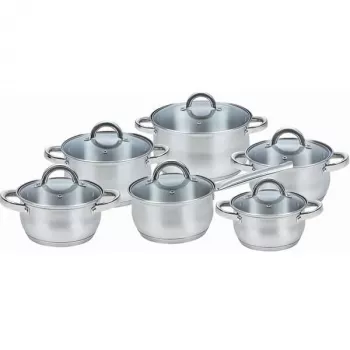 Set de ollas Maestro MR-2120-12 — colección de 12 piezas de acero inoxidable con revestimiento antiadherente, apta para inducción, incluye 6 ollas (16–24 cm) y tapas de cristal