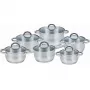 Set de ollas Maestro MR-2120-12 — colección de 12 piezas de acero inoxidable con revestimiento antiadherente, apta para inducción, incluye 6 ollas (16–24 cm) y tapas de cristal