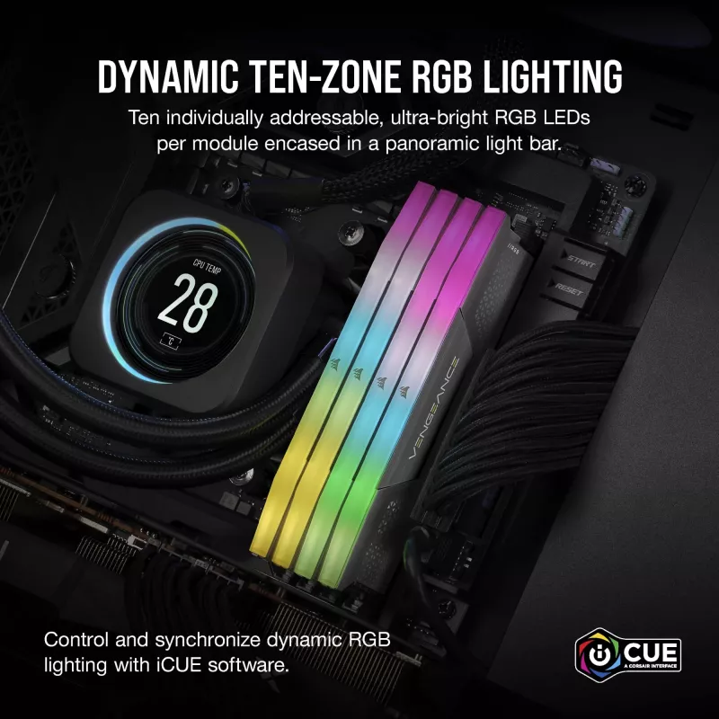 CORSAIR VENGEANCE RGB 32GB 2x16GB DDR5 6000MT/s DIMM Unbuffered 36-44-44-96 Std PMIC AMD EXPO disipador gris PCB negro 1,4V