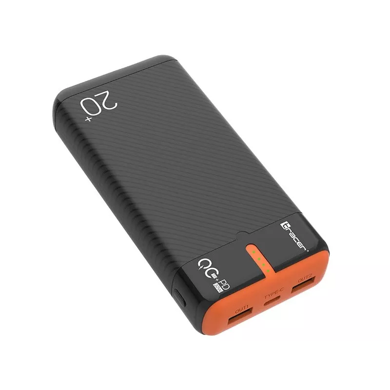 Cargador portátil TRACER EnerGen 20000 mAh, Power Delivery 20W, entrada USB-C, 2 salidas USB-A, soporte para 3 dispositivos, naranja