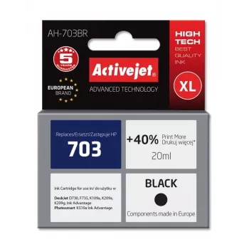 Cartucho de tinta ActiveJet AH-703BR compatible con HP 703 CD887AE, negro, alta (XL) 20 ml, a base de pigmento