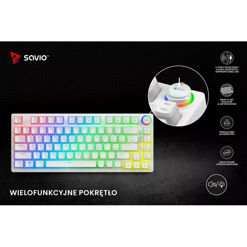 Teclado gaming Savio Phenix WHITE GAT RED PUD con cable inalámbrico USB Bluetooth RGB LED
