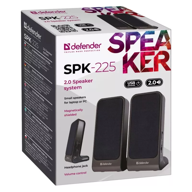 Altavoces DEFENDER SPK-225 2.0 con cable, 4 W RMS, USB/DC 5 V, 3,5 mm, negro