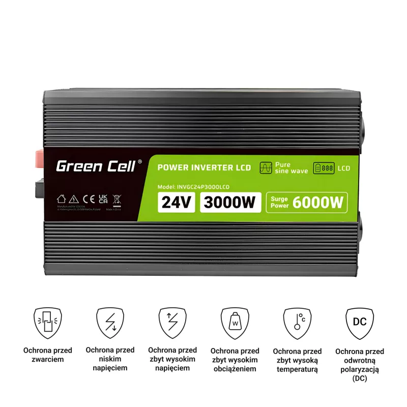 Inversor de coche Green Cell INVGC24P3000LCD 24V 3000W onda senoidal pura, 230V 50Hz, LCD, tipo F