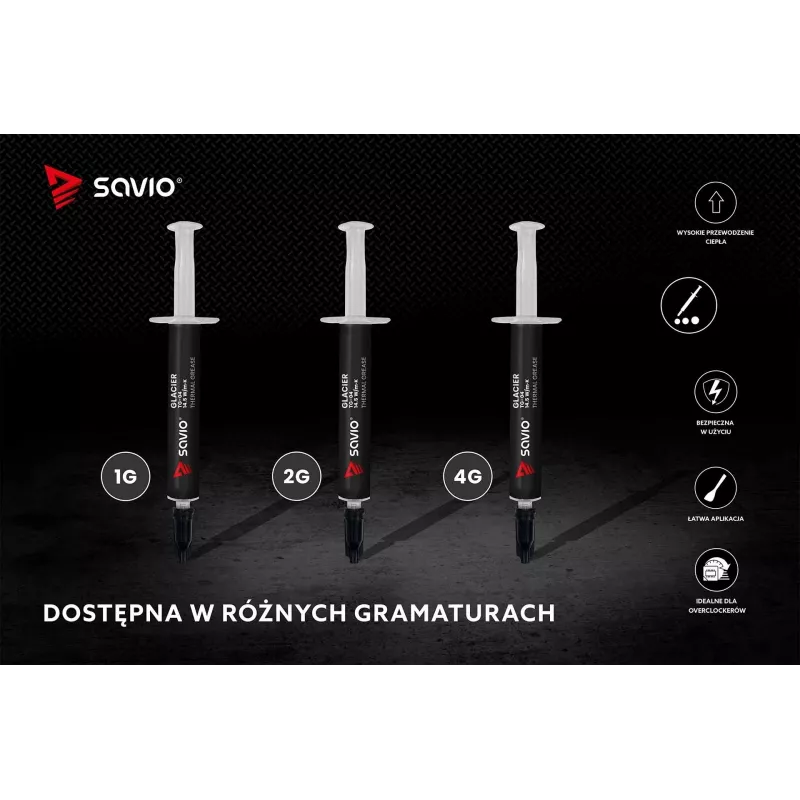 Pasta térmica SAVIO TG-04 4 g — Conductividad térmica 14,5 W/m·K, temperatura de funcionamiento -250 a 300 °C, gris