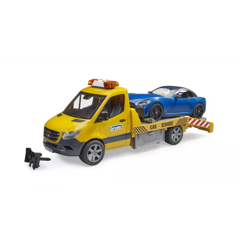 Bruder MB Sprinter transportador de coches con módulo de luz y sonido, naranja/azul, incl. roadster